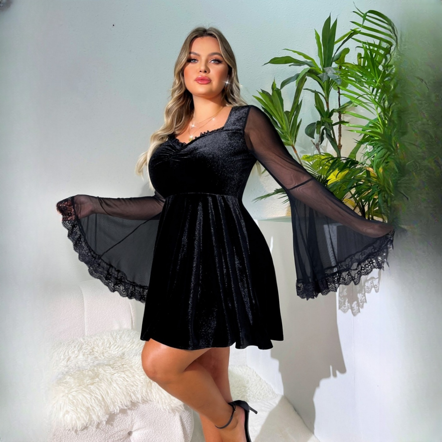 Plus Size Womens Retro Gothic A-line Dress With Flared Sleeves